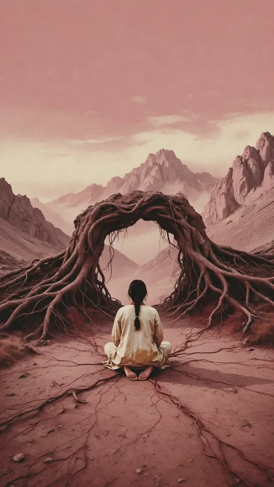 A painted figure sitting calmly beneath an arch of roots.
